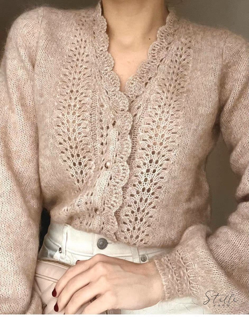 Sezane Women's Hollow Crochet Lace V-neck Wool Knitted Cardigan