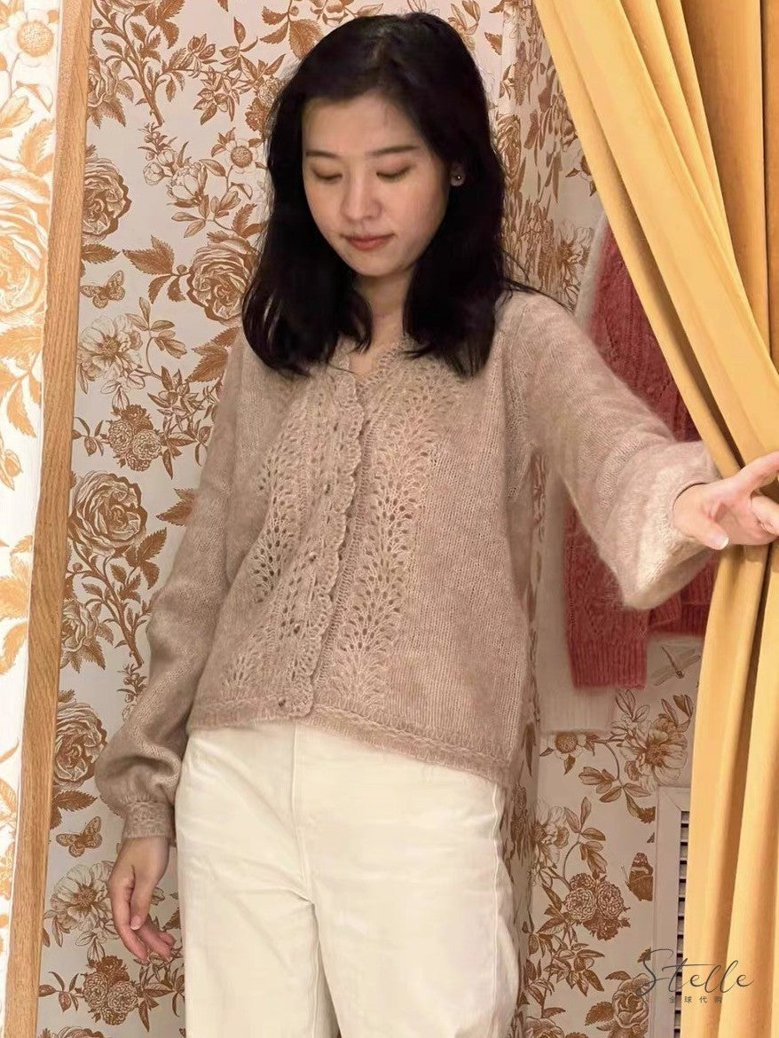 Sezane Women's Hollow Crochet Lace V-neck Wool Knitted Cardigan