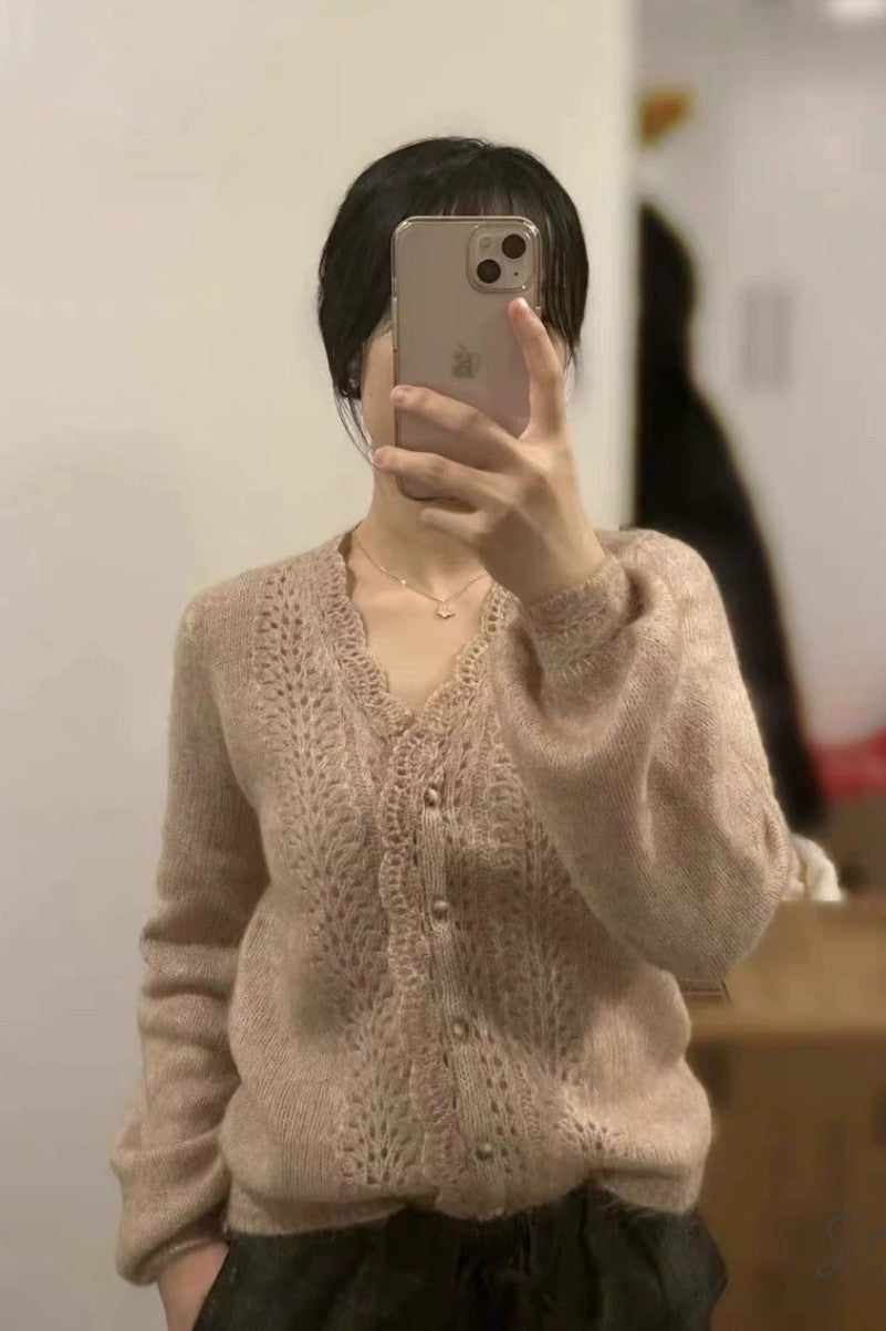 Sezane Women's Hollow Crochet Lace V-neck Wool Knitted Cardigan