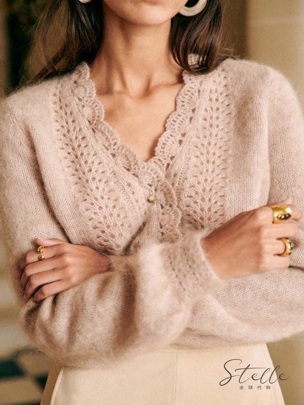 Sezane Women's Hollow Crochet Lace V-neck Wool Knitted Cardigan