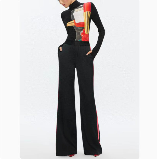 Women's Alice + Olivia high-elastic and ultra-long-sleeved printed T-shirt NEW