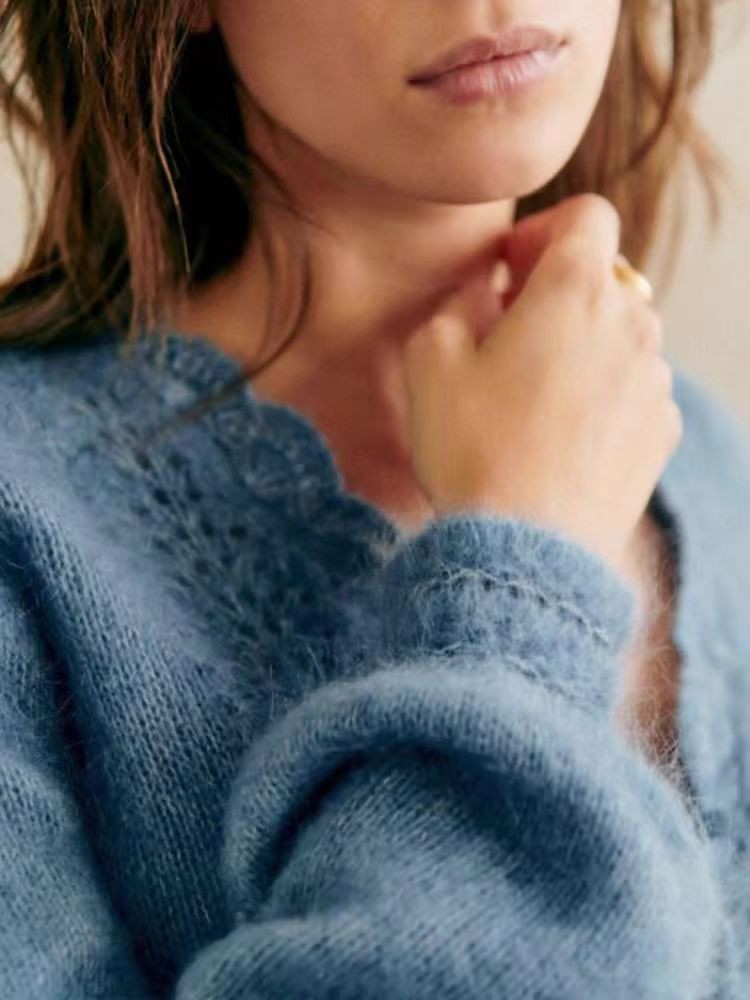 Sezane Women's Hollow Crochet Lace V-neck Wool Knitted Cardigan