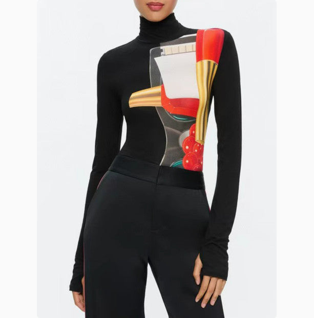 Women's Alice + Olivia high-elastic and ultra-long-sleeved printed T-shirt NEW