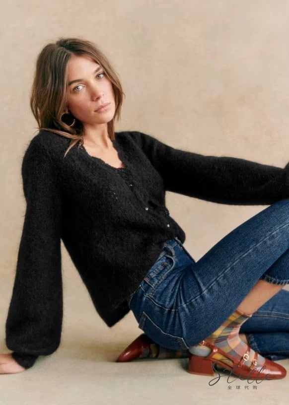 Sezane Women's Hollow Crochet Lace V-neck Wool Knitted Cardigan