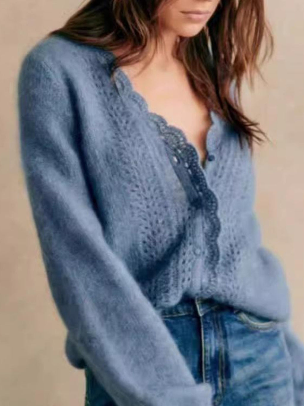 Sezane Women's Hollow Crochet Lace V-neck Wool Knitted Cardigan