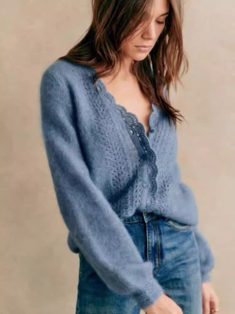 Sezane Women's Hollow Crochet Lace V-neck Wool Knitted Cardigan
