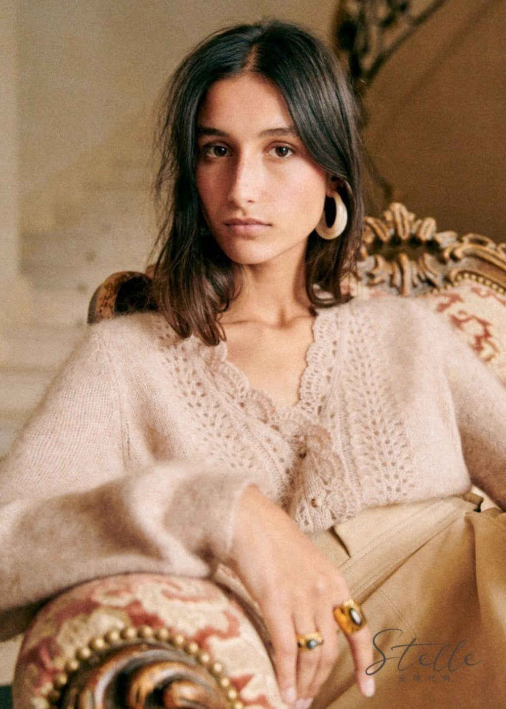 Sezane Women's Hollow Crochet Lace V-neck Wool Knitted Cardigan